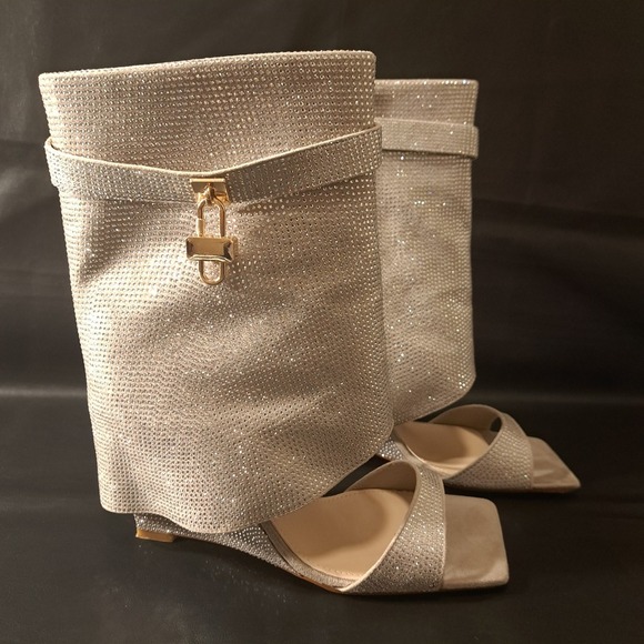 Goserce Women's Heel/Sandals/Boots Faux Rhinestones Open Toe‎ Mid-Calf Wedge 10 - Picture 1 of 8